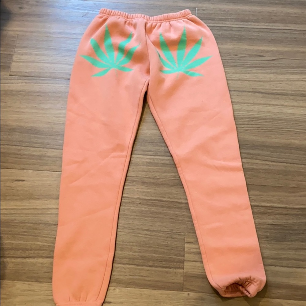 Weed Leaf Sweatpants. peach w green